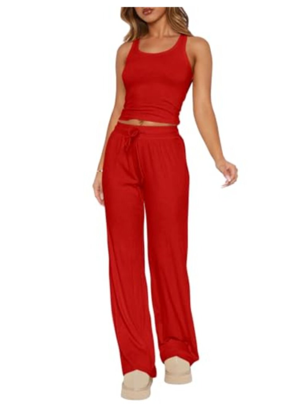 Womens 2 Piece Lounge Pajama Set Sleeveless Crop Tank Wide Leg Pants Casual
